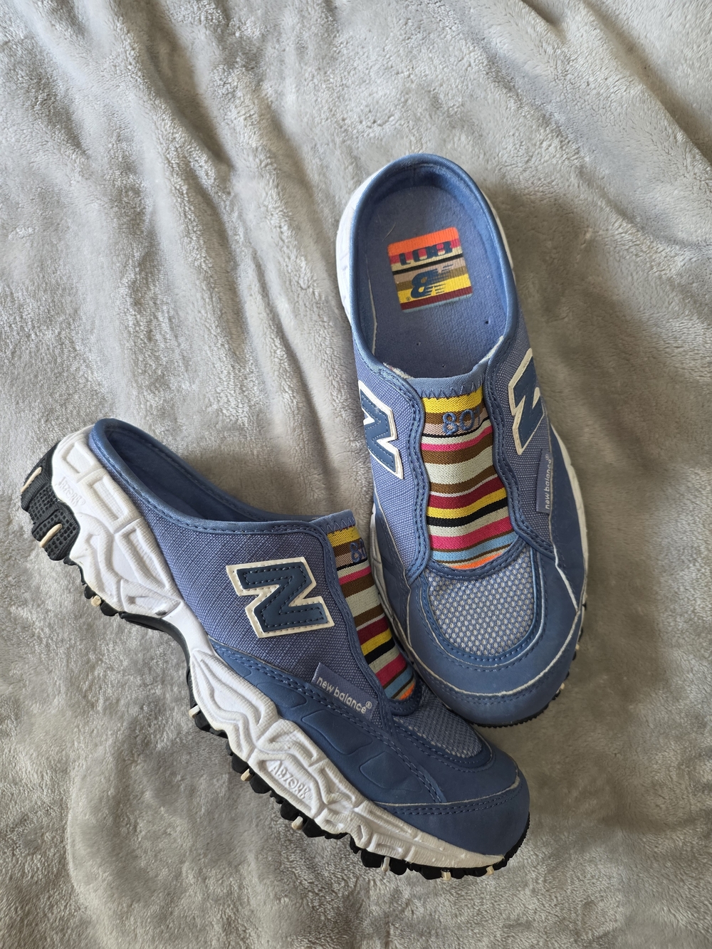 Vintage New Balance 801 Slip-On Blue Canvas Striped Clog Sneakers Women's US 8